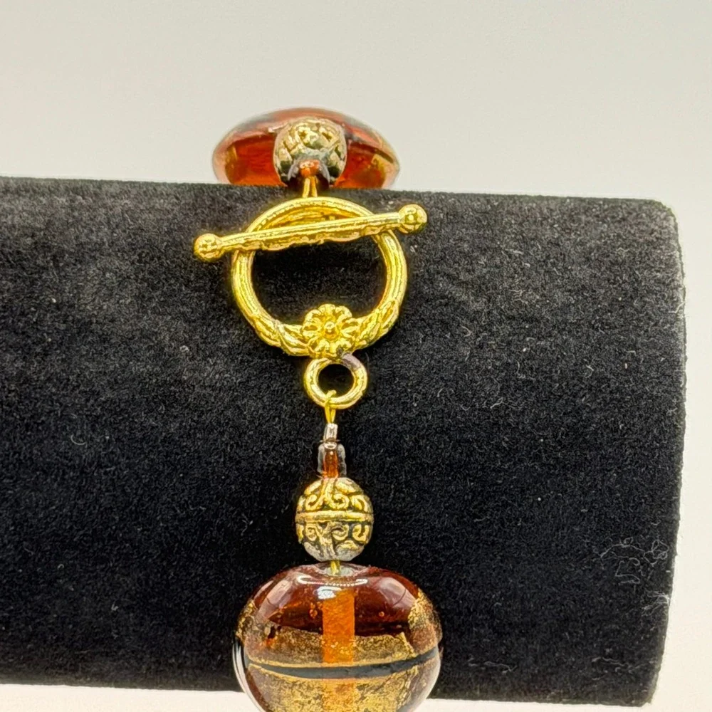 Murano Style Amber Gold Foil Art Glass Bead Bracelet Toggle Clasp Boho Statement